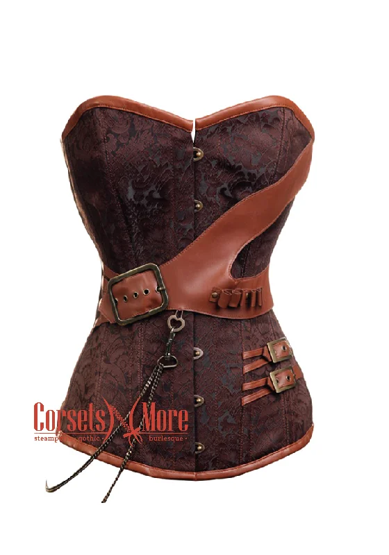 Last Chance Brown Brocade Leather Buckles Chain Gothic Steampunk Bustier Period Costume Waist Training Overbust Corset Top Last Chance Brown Brocade Leather Buckles Chain Gothic Steampunk Bustier Period Costume Waist Training Overbust Corset Top