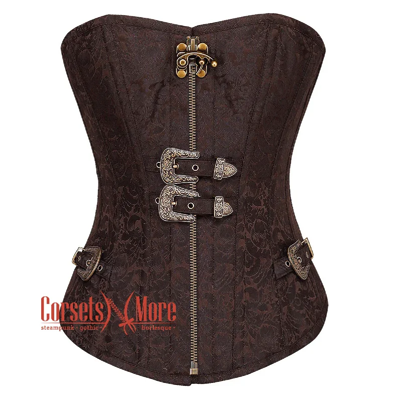 New Deal Brown Brocade Steampunk Front Antique Zipper Gothic Overbust Corset