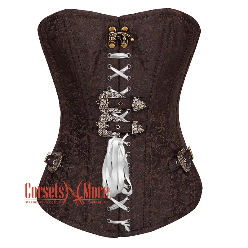 Deal Dash Brown Brocade Steampunk  Front Ribbon Gothic Overbust Corset