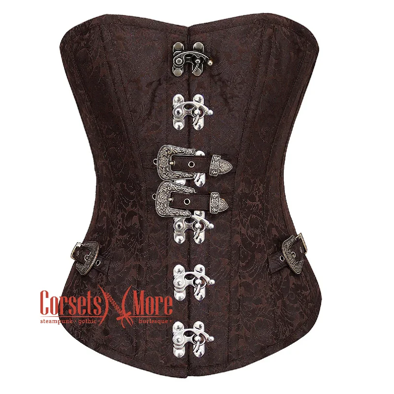 Exclusive Offer Brown Brocade Steampunk Front Silver Clasps Gothic Overbust Corset