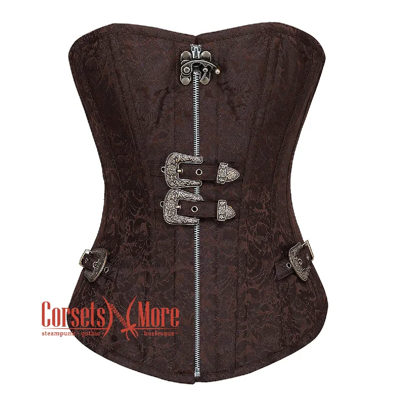 Lowest Price Brown Brocade Steampunk Front Zipper Gothic Overbust Corset