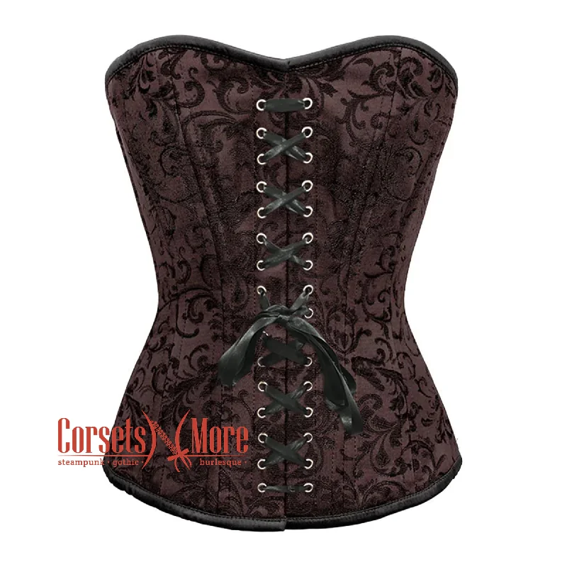Final Offer Brown Brocade Steel Boned Front Black Ribbon Overbust Corset