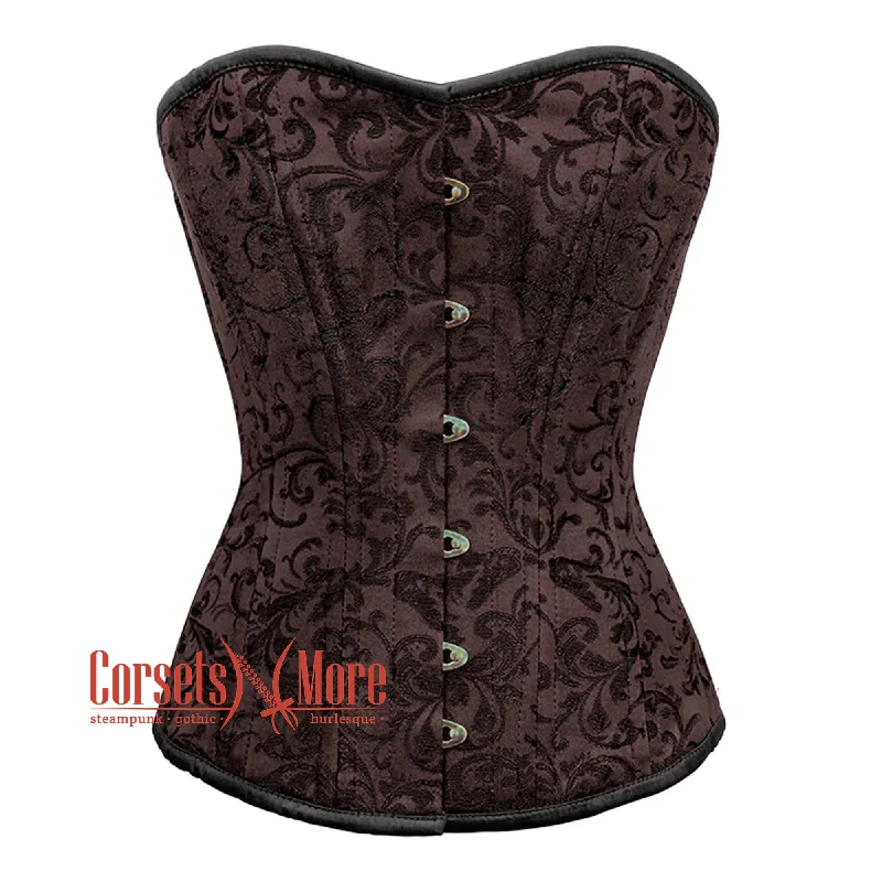 New Arrival Brown Brocade Steel Boned Front Busk Overbust Corset