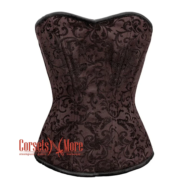 Price Drop Brown Brocade Steel Boned Front Closed Overbust Corset