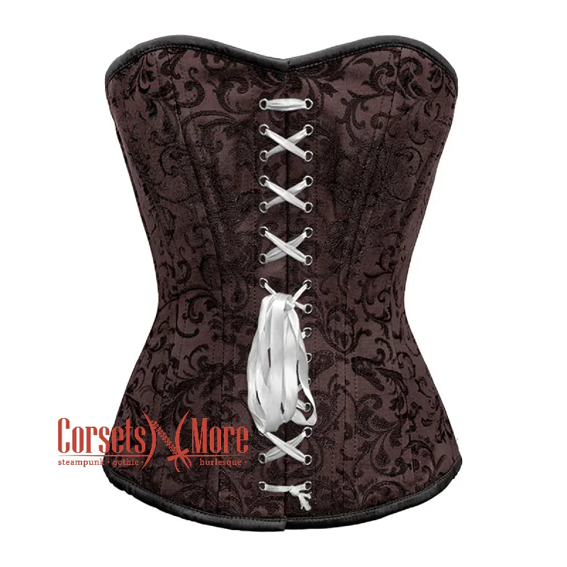 Unmissable Sale Brown Brocade Steel Boned Front Ribbon Overbust Corset