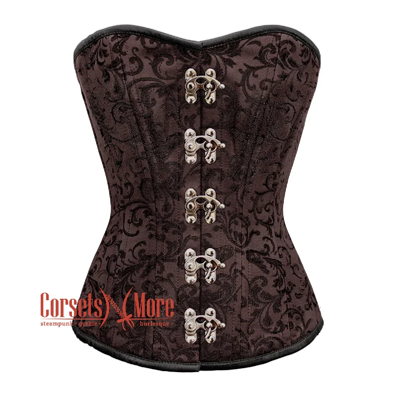 Huge Savings Brown Brocade Steel Boned Front Silver Clasps Overbust Corset