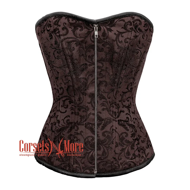 Super Savings Brown Brocade Steel Boned Front Zipper Overbust Corset