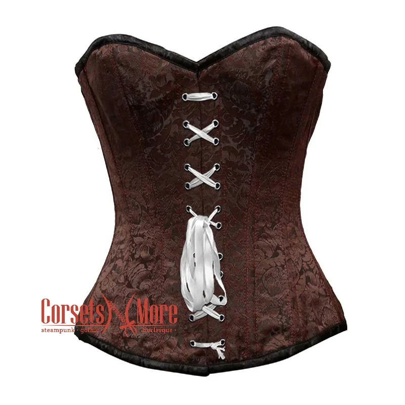 Deal Dash Brown Brocade With Front White Lace Overbust Corset