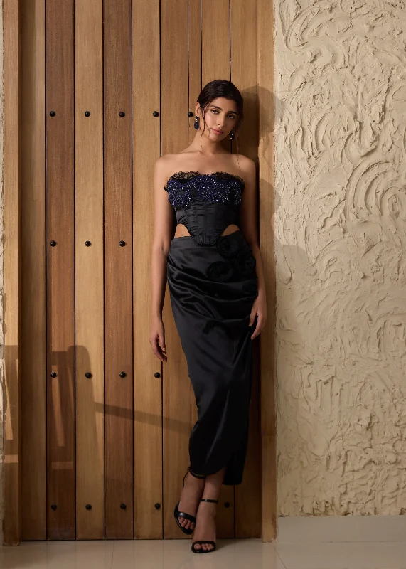 Online Only Cataleya Black Embellished Corset and Skirt Set