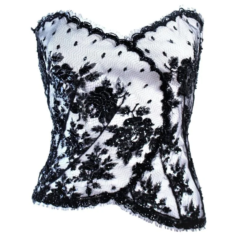 Blowout Deals CHRISTINA PERRIN White and Black Beaded Lace Bustier Size 6