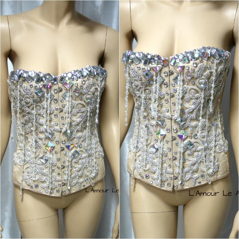 Special Price Great Gatsby Iridescent Nude Diamond Beaded Fringe Corset