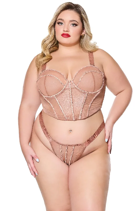 Limited Time Discount Coquette Holiday Diva Sheer Shimmer Rhinestone Seams Bustier Set Bronze