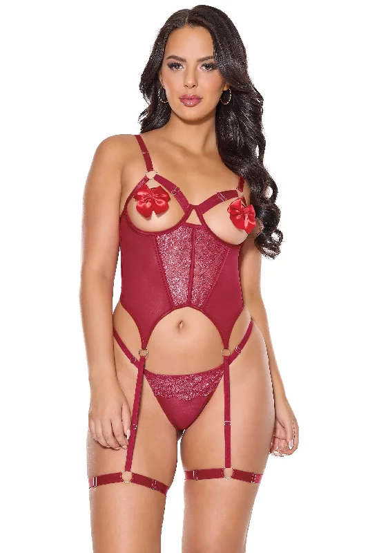 Price Smash Coquette Holiday Metallic Scallop Lace Open Cups Bustier Red/Silver