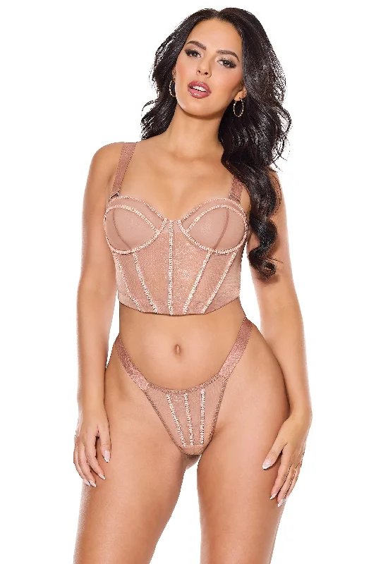 Today’s Special Coquette Holiday Sheer Shimmer Rhinestone Seams Bustier Set Bronze