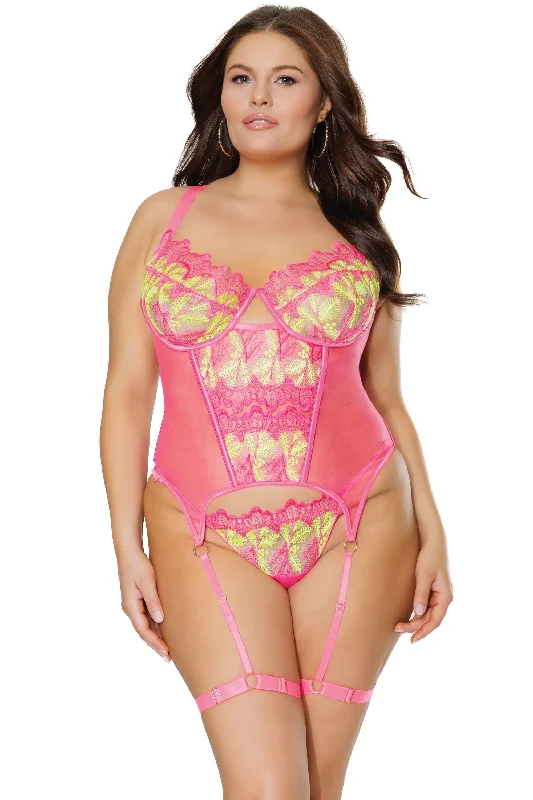 Final Markdown Coquette Diva Summer Neon Pink Boned Seams Underwire Bustier Set