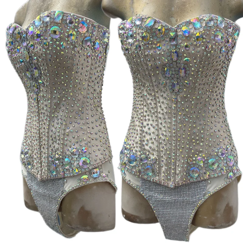 Unwind with Weekend Discounts Beige Iridescent Bejeweled Corset and Panty Costume