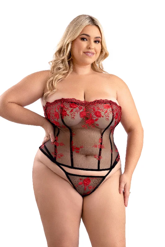 Weekend Deals to Brighten Your Day Fantasy Lingerie Queen Floral Embroidery Lace Up Corset Set Black/Red Weekend Deals to Brighten Your Day Fantasy Lingerie Queen Floral Embroidery Lace Up Corset Set Black/Red