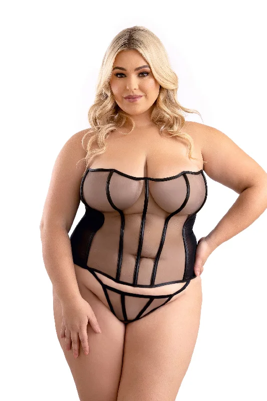 Weekend Wonders Await! Fantasy Lingerie Queen Leatherette Binding Sheer Lace Up Back Corset Set Black Weekend Wonders Await! Fantasy Lingerie Queen Leatherette Binding Sheer Lace Up Back Corset Set Black
