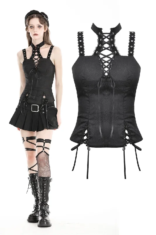Limited Quantity Punk black spiderweb embossed lace-up top CW080