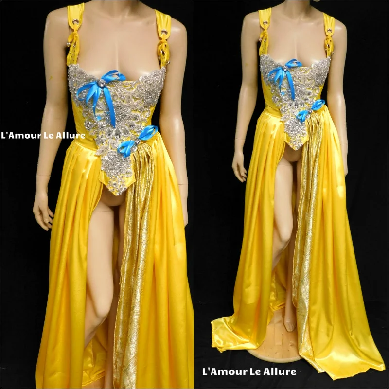 Hot Deal Belle Yellow Rhinestone Medieval Renaissance Ball Gown Dress Skirt with Corset and Blue Bows Hot Deal Belle Yellow Rhinestone Medieval Renaissance Ball Gown Dress Skirt with Corset and Blue Bows