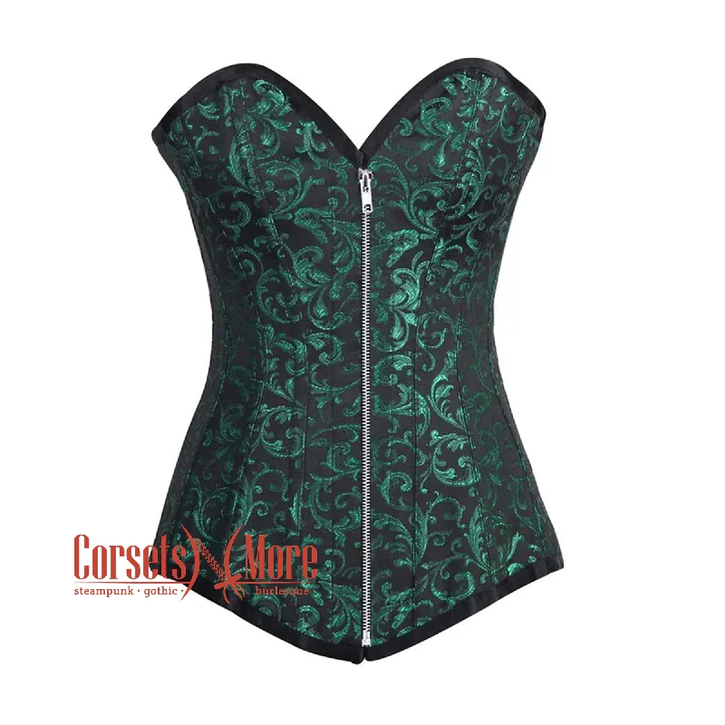 Weekend Specials to Savor Weekend Specials to Savor Green And Black Brocade Longline Front zipper Gothic Corset Burlesque Overbust Costume
