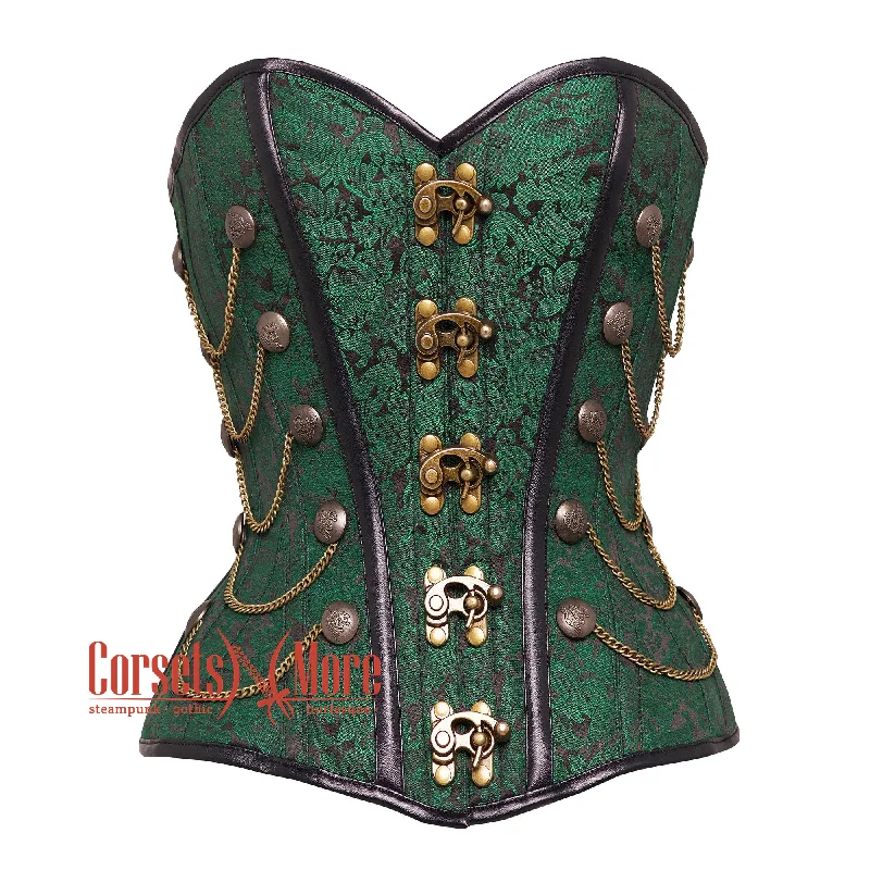 Sale Event Green and Black Brocade Steampunk Antique Clasps Waist Training Costume Gothic Corset Overbust Top