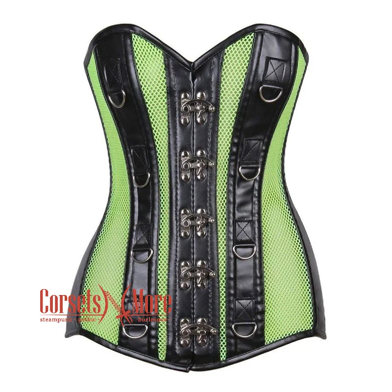 Weekend Specials to Enjoy Green Mesh Black Faux Leather Long Steampunk Overbust Bustier Corset Weekend Specials to Enjoy Green Mesh Black Faux Leather Long Steampunk Overbust Bustier Corset