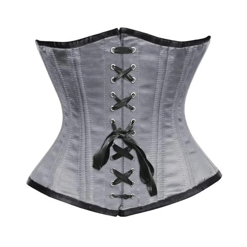 Don't Wait Grey Satin Double Bone Front Black Ribbon Gothic Underbust Bustier Corset