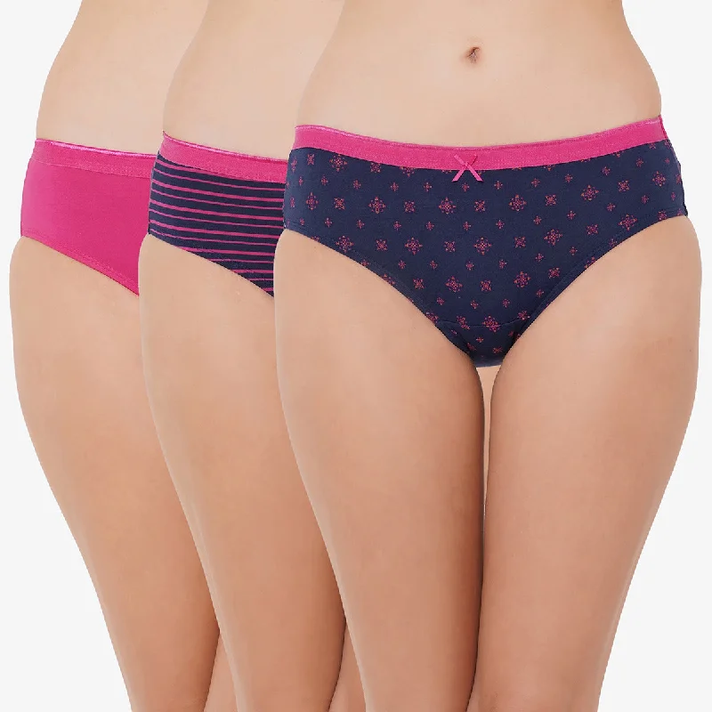 Super Bargain High Rise Full Coverage Solid and Printed Cotton Stretch Hipster Panty (Pack of 3) - 3FCB-17