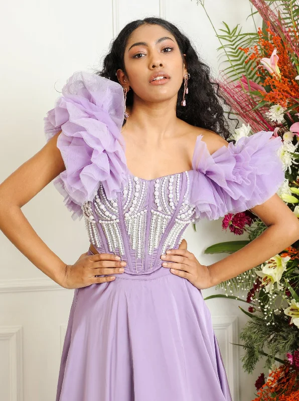Massive Savings Leila Lavender Ruffle Sleeve Hand Embroidered Corset Blouse