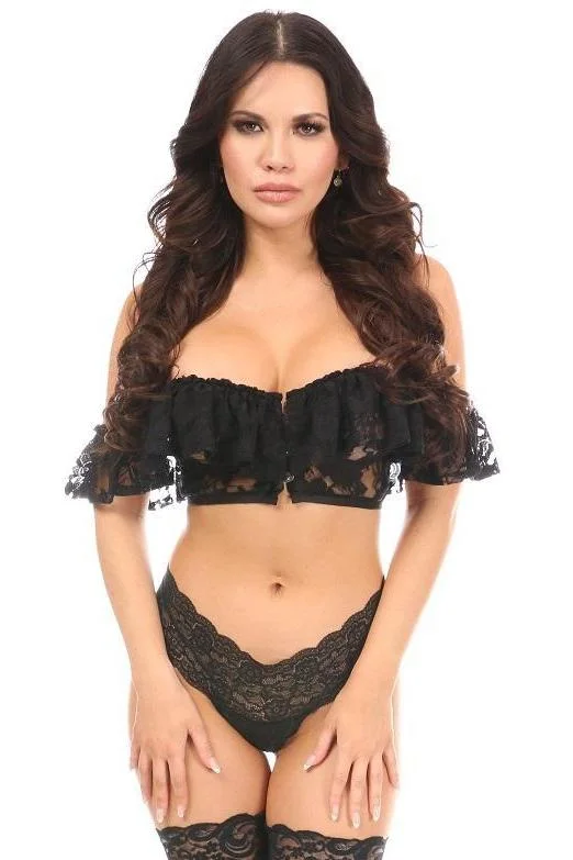 Can't Resist Lavish Black Sheer Lace Off-The-Shoulder Underwire Short Bustier