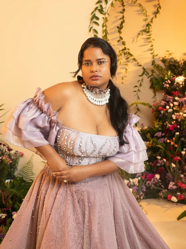 Overstock Sale Noor Mauve Ruffle Organza Corset Blouse