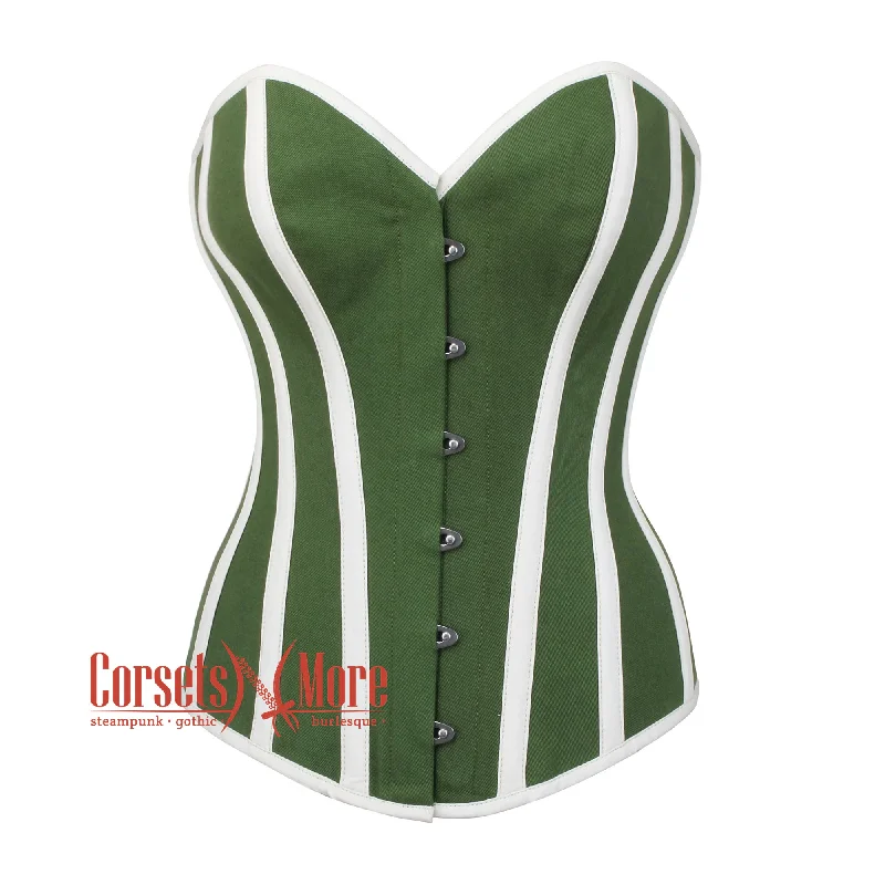 Weekend Savings Sensation Weekend Savings Sensation Olive Green Cotton With White Stripes Burlesque Gothic Overbust Corset Bustier Top