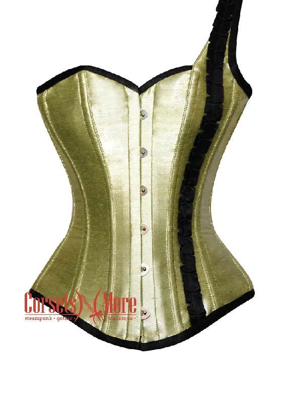 Seasonal Clearance Olive Green Silk One Shoulder Strap Gothic Burlesque Bustier Waist Training Overbust Corset Costume Seasonal Clearance Olive Green Silk One Shoulder Strap Gothic Burlesque Bustier Waist Training Overbust Corset Costume
