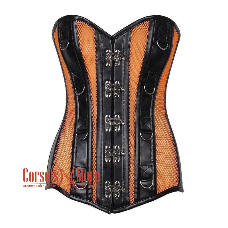 Weekend Specials Just for You Orange Mesh Black Faux Leather Long Steampunk Overbust Bustier Corset