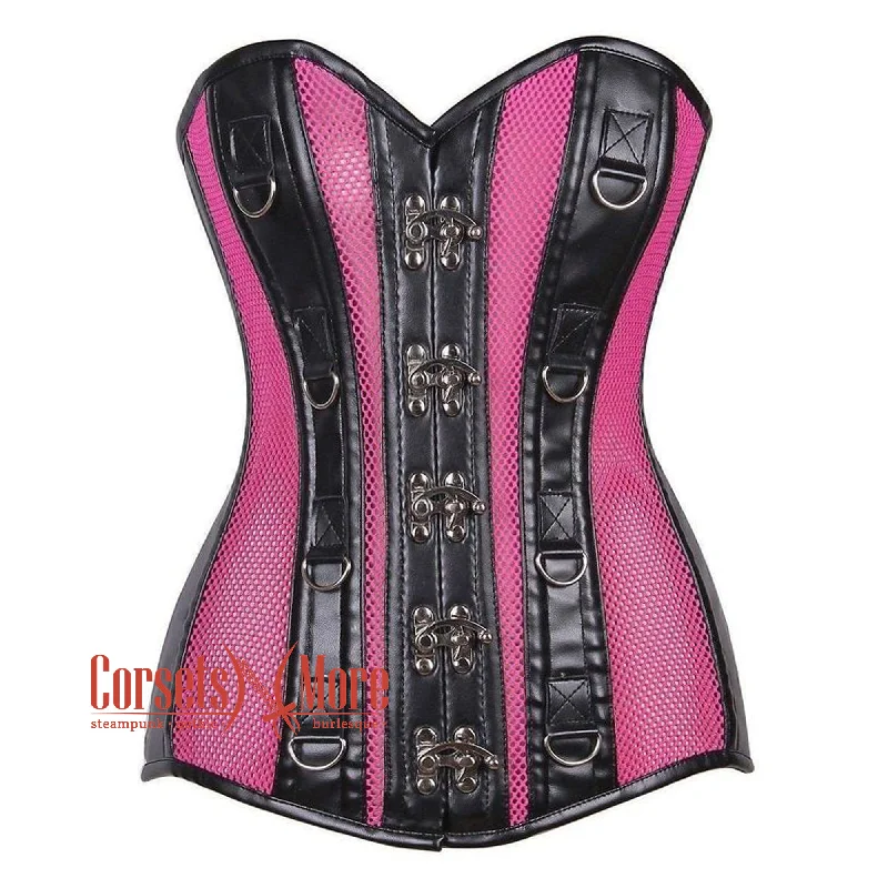 Online Only Pink Mesh Black Faux Leather Long Steampunk Overbust Bustier Corset