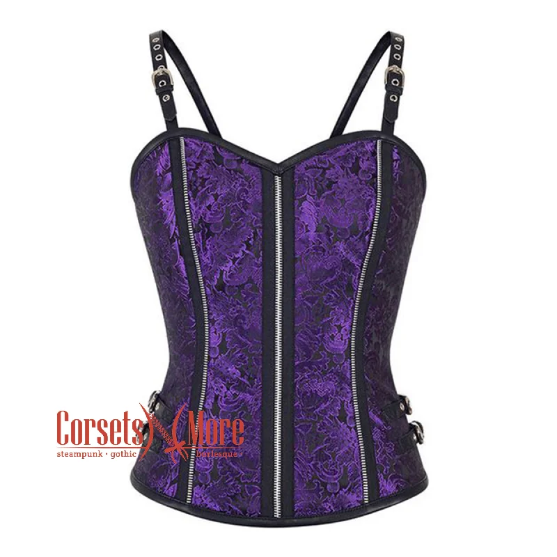 Weekend Bargains to Indulge In Purple Black Brocade With Leather Strap Overbust Corset