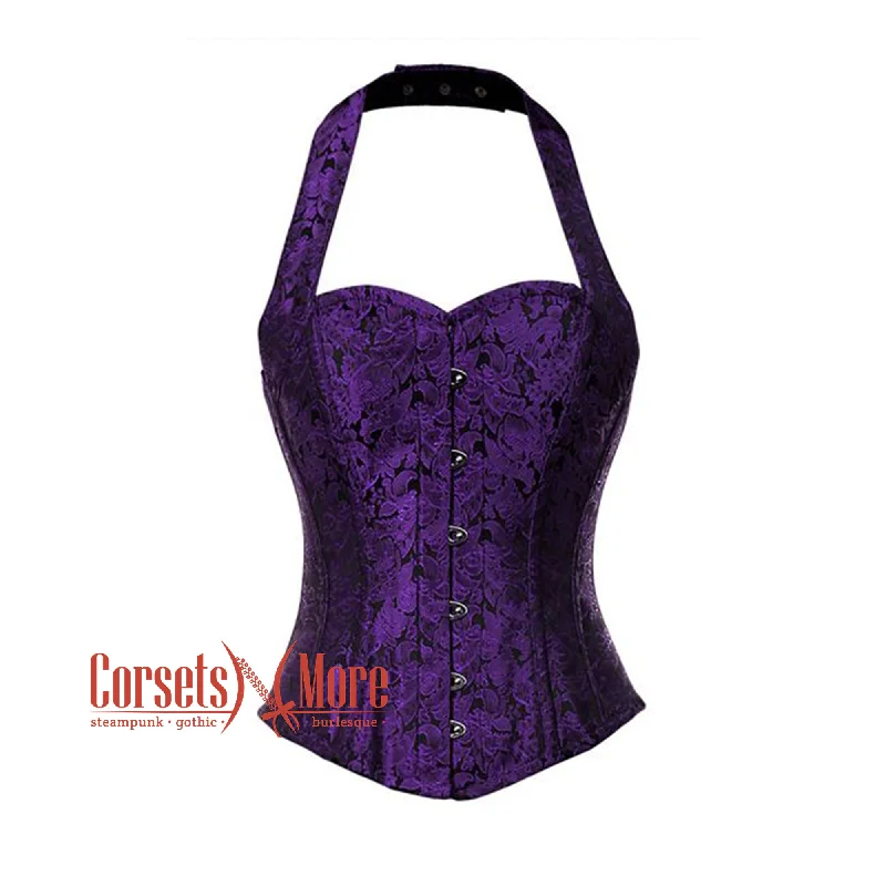 Weekend Discounts to Delight Purple Brocade With Halter Neck Overbust Corset
