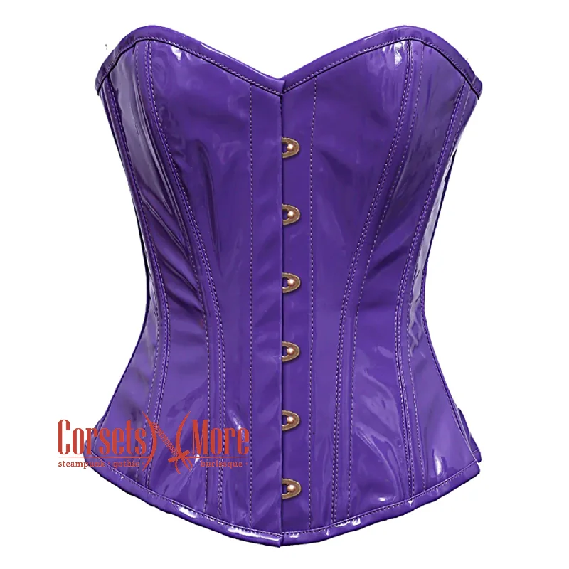 Blowout Sale Purple PVC Leather With Front  Antique Busk Gothic Overbust Burlesque Corset Waist Training Top