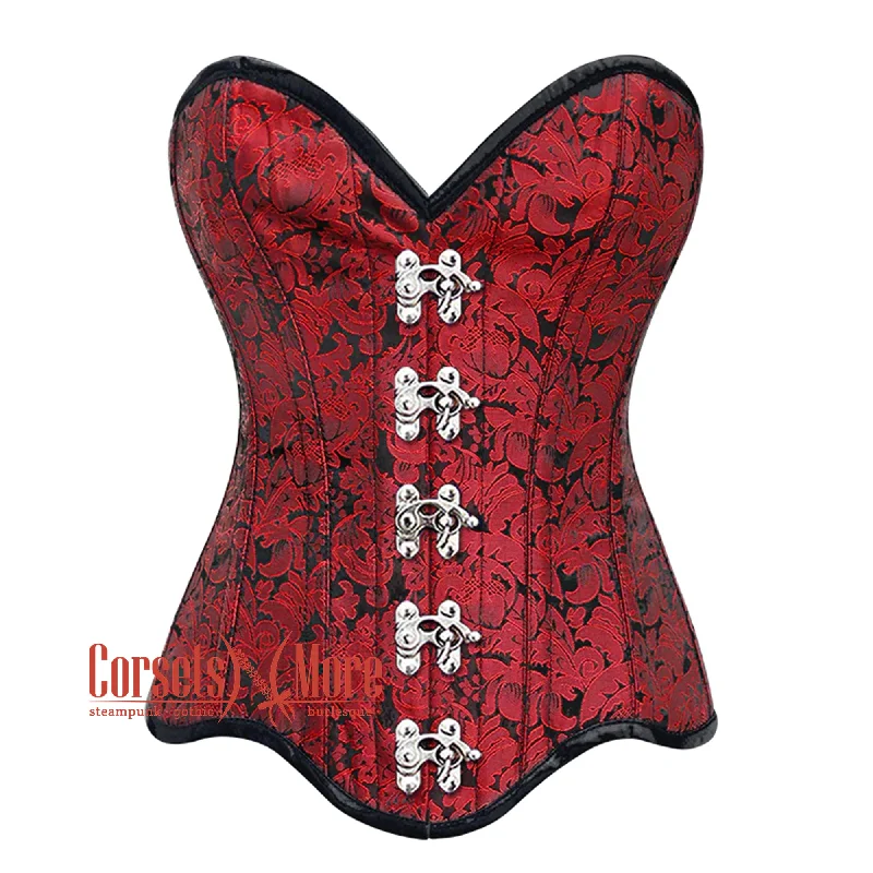 Hurry In Red Brocade Bottom With Curvy Design Front Clasps Steampunk Gothic Overbust Corset Hurry In Red Brocade Bottom With Curvy Design Front Clasps Steampunk Gothic Overbust Corset