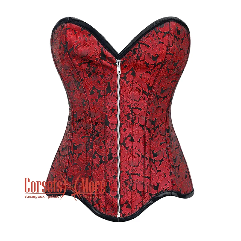The Best Prices Red Brocade Bottom With Curvy Design Front Silver Zipper Steampunk Gothic Overbust Corset The Best Prices Red Brocade Bottom With Curvy Design Front Silver Zipper Steampunk Gothic Overbust Corset