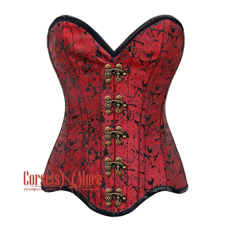 Today Only Red Brocade Curvy Design Front Antique Clasp Steampunk Gothic Overbust Corset Today Only Red Brocade Curvy Design Front Antique Clasp Steampunk Gothic Overbust Corset