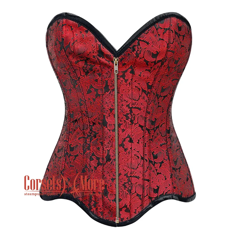 Clearance Sale Red Brocade Curvy Design Front Zipper Steampunk Gothic Overbust Corset Clearance Sale Red Brocade Curvy Design Front Zipper Steampunk Gothic Overbust Corset