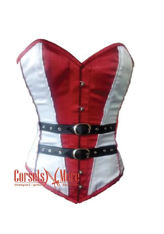 Overstock Red White Satin Black Leather Belts Gothic Steampunk Bustier Waist Training Overbust Corset Costume