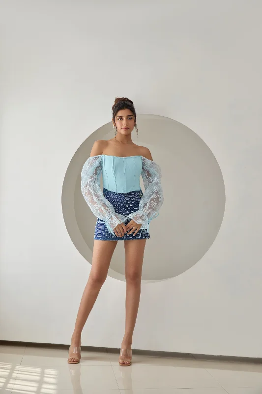 Steals and Deals Sasha Baby Blue Embroidered Organza Sleeve Corset Top