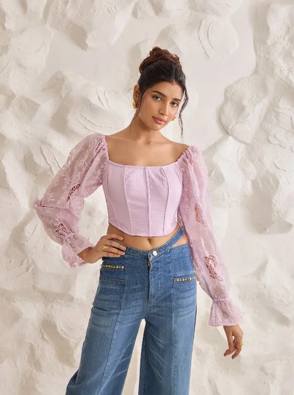 Clearance Sale Sasha Lavender Embroidered Organza Sleeve Corset Top