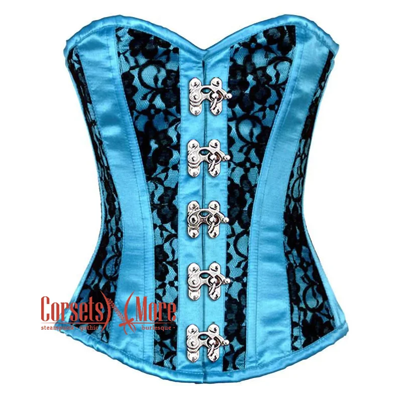 Special Promotion Turquoise Satin With Black Net Gothic Overbust Burlesque Corset