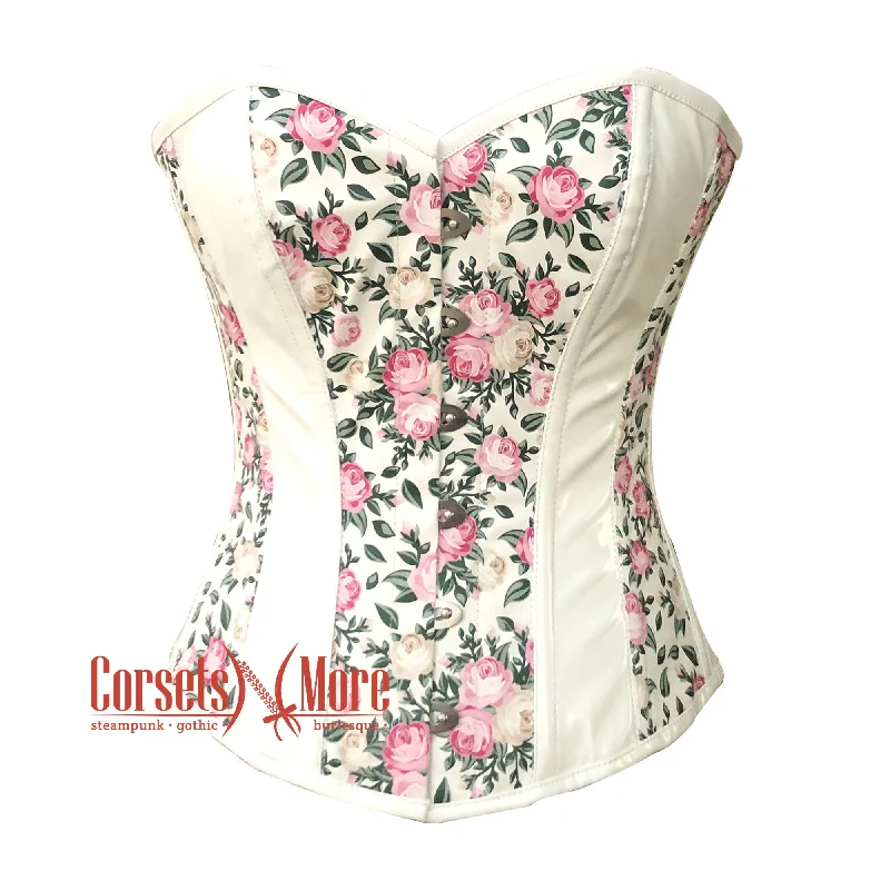 Weekend Savings Galore Weekend Savings Galore White PVC Floral Printed Soft Leather Gothic Overbust Steampunk Corset Top