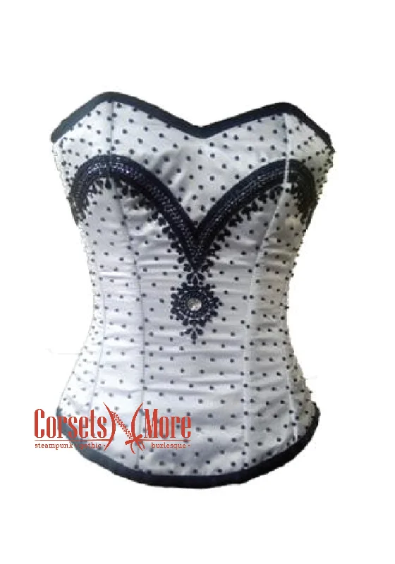 Low Prices White Satin Black Sequins Gothic Burlesque Bustier Waist Training Overbust Corset Costume Low Prices White Satin Black Sequins Gothic Burlesque Bustier Waist Training Overbust Corset Costume
