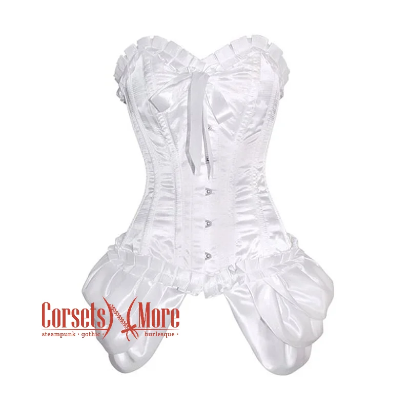 Sneak Peek Sale White Satin Frill  With Front Silver Busk Overbust Corset
